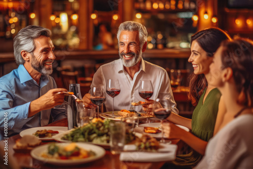 Smiling caucasian people dinning out and enjoying each other s company while having a dinner party. Generative AI