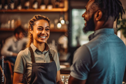 Beautiful young waitress laughing with her african american colleague at the restaurant. Generative AI