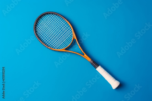 Orange tennis racket on the blue background, big tennis concept. Generative AI © VisualProduction