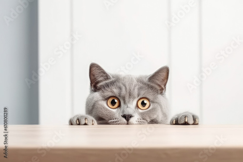 Beautiful funny grey British cat with yellowish eyes peeking out from the white wooden table with the white background wall. Generative AI