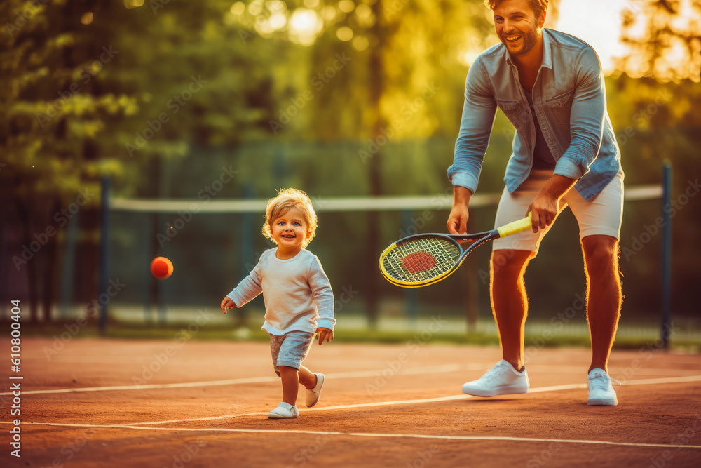 Father and son playing tennis on tennis court, spending quality time together and having fun, sunny dan. Generative AI