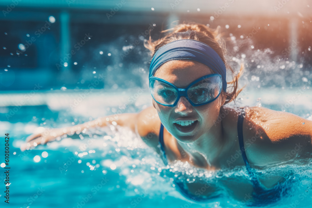 Naklejka premium Beautiful female swimmer swimming in indoor pool with a smile on her face, enjoying water, practicing and having fun. Generative AI
