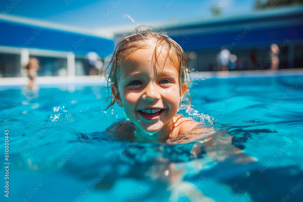 Happy smiling child swimming in outdoor pool, playing and having fun, sunny summer day. Generative AI