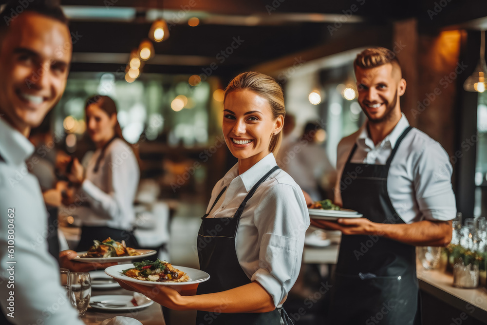 Smiley waitresses serving food to customers in a restaurant, friendly professional looking staff. Generative AI Smiley waitresses serving food to customers in a restaurant, friendly professional looking staff. Generative AI