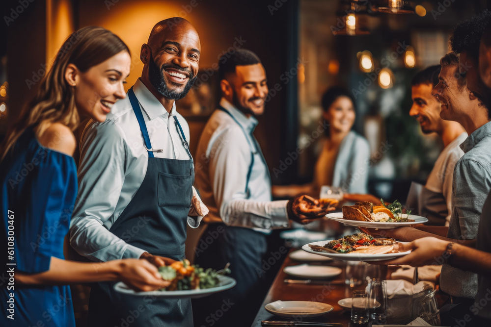 Smiley waitresses serving food to customers in a restaurant, friendly professional looking staff. Generative AI Smiley waitresses serving food to customers in a restaurant, friendly professional looking staff. Generative AI