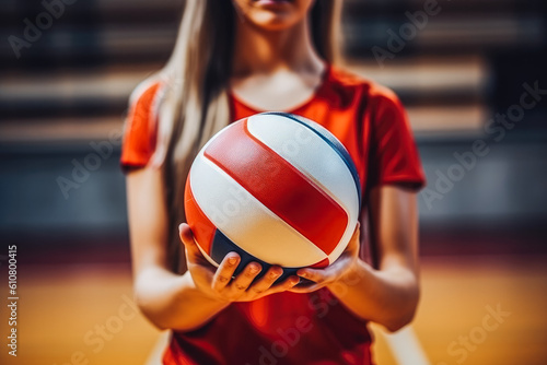 Female volleyball player with long brown hair holding a ball and standing in the court. Generative AI