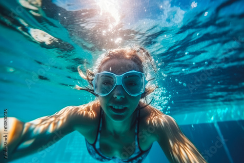 Beautiful female swimmer swimming underwater with a smile on her face, enjoying water and having fun. Generative AI © VisualProduction
