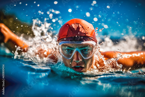 Man competing in free style swimming sprint in indoor pool, wearing swimming cap and goggles. Generative AI © VisualProduction