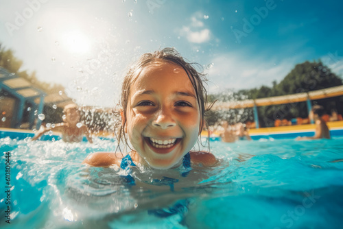 Happy smiling child swimming in outdoor pool, playing and having fun, sunny summer day. Generative AI