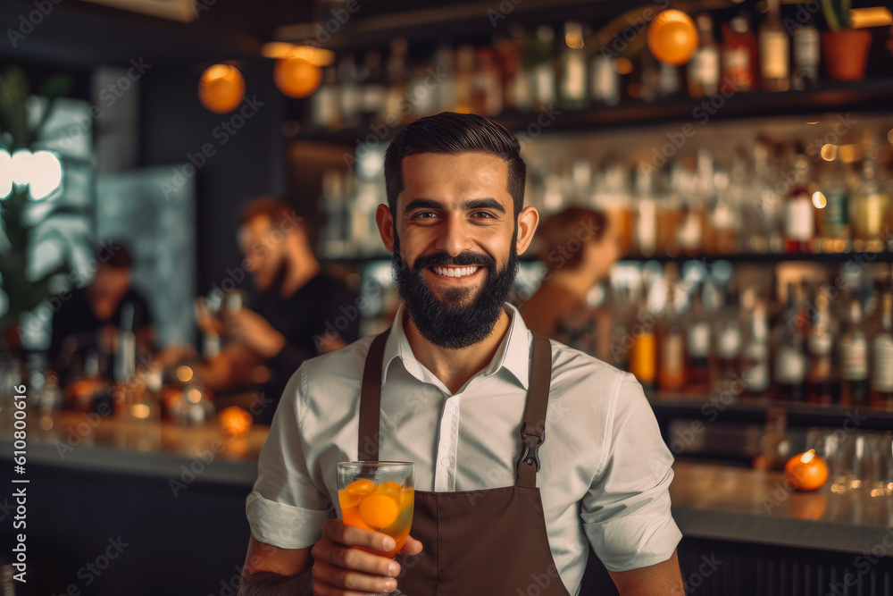 Friendly waiter serving drinks and smiling at the customers, ready to serve a cocktail. Generative AI Friendly waiter serving drinks and smiling at the customers, ready to serve a cocktail. Generative AI