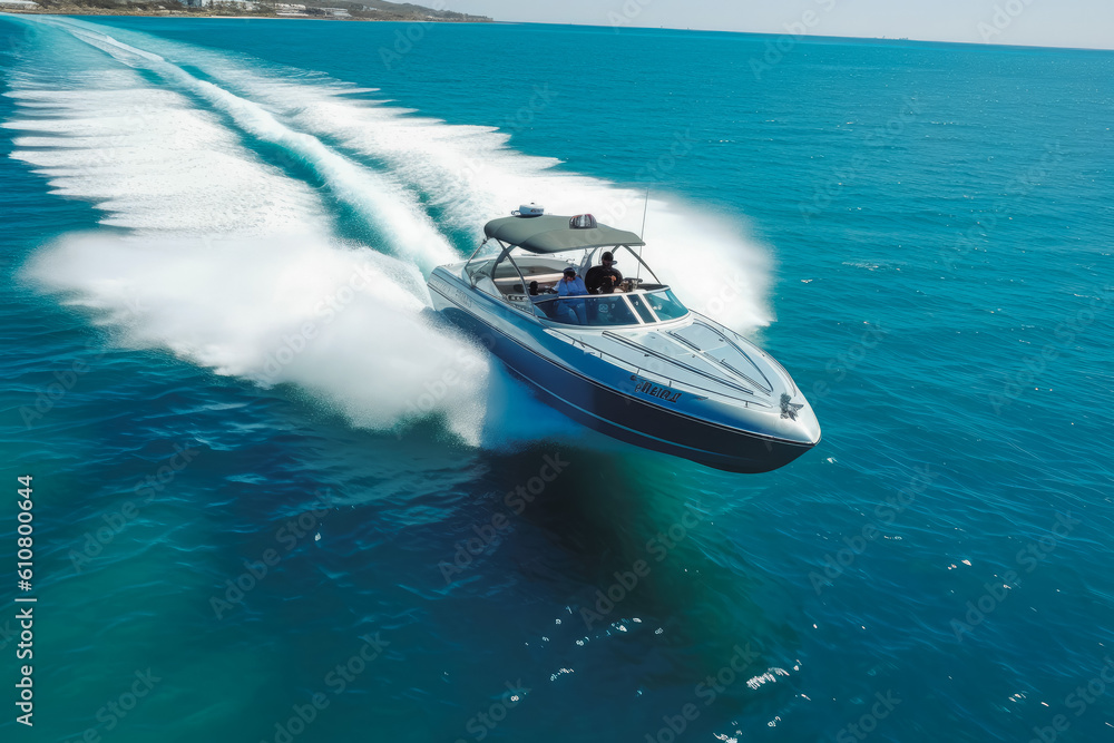 Speedboat driving on full throttle through the sea on a very sunny summer day, very fast and adventurous. Generative AI