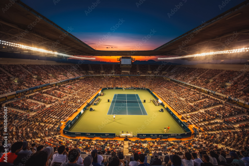 Φωτογραφία Tennis match on the court watched by the full stadium with the sunset in the background