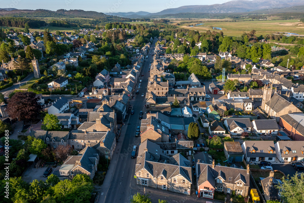 Aerial View of Kingussie Scotland at Sunset Looking North Down the Main Street