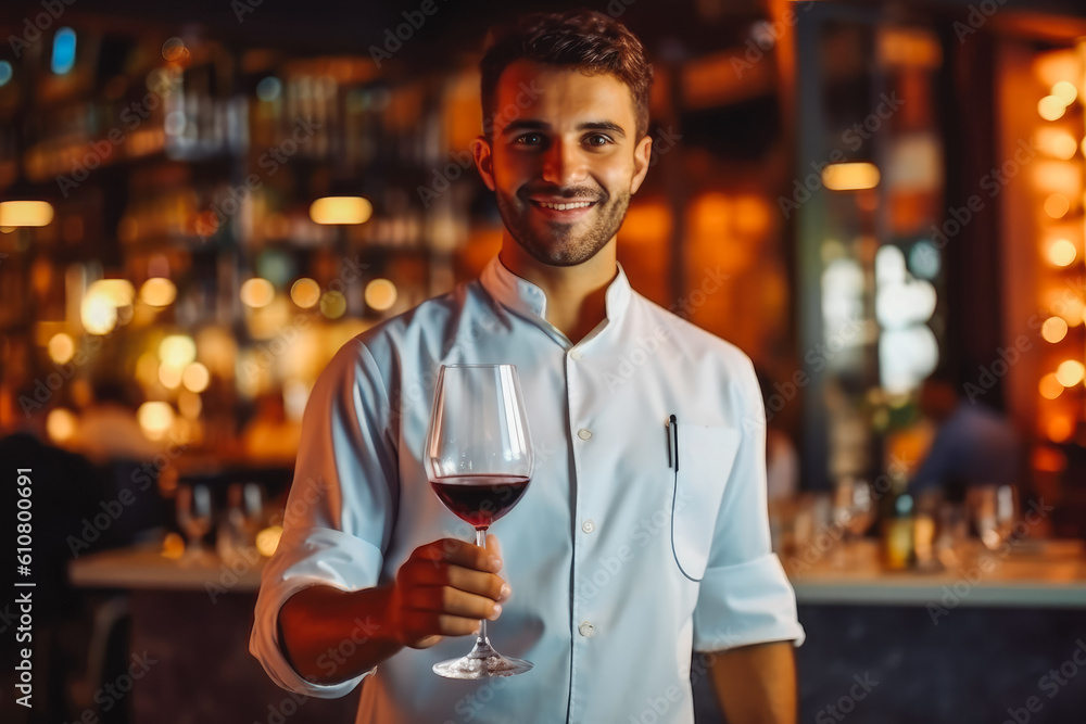Waiter offering a glass of wine to a customer with a smiling face, friendly worker serving wine. Generative AI
