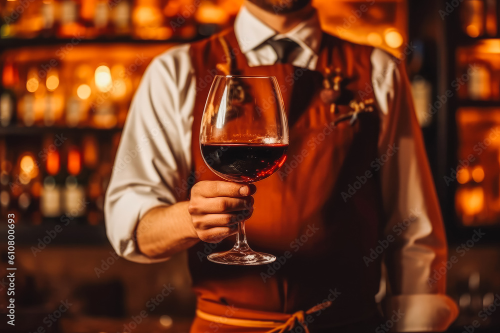 Waiter offering a glass of wine to a customer, friendly worker serving wine. Generative AI
