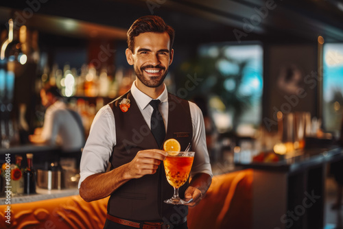 Friendly waiter serving drinks and smiling at the customers  ready to serve a cocktail. Generative AI
