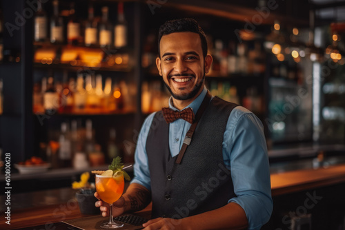 Friendly waiter serving drinks and smiling at the customers, ready to serve a cocktail. Generative AI