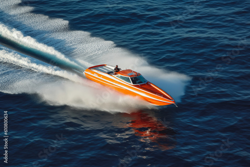 Orange speedboat racing in a speedboat contest, very fast professional driving, adrenalin racing. Generative AI © VisualProduction