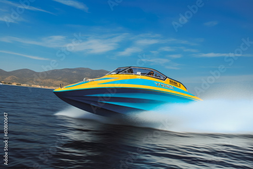 Speedboat driving on full throttle through the sea on a very sunny summer day, very fast and adventurous. Generative AI