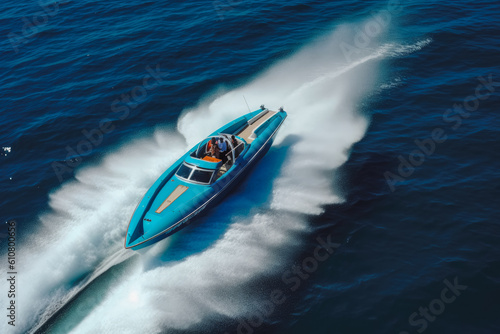 Speedboat driving on full throttle through the sea on a very sunny summer day, very fast and adventurous. Generative AI © VisualProduction