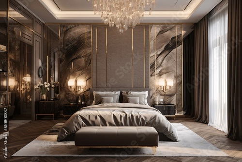 Luxury bedroom interior design with black and gold decor. Marble tiles. Created with generative AI