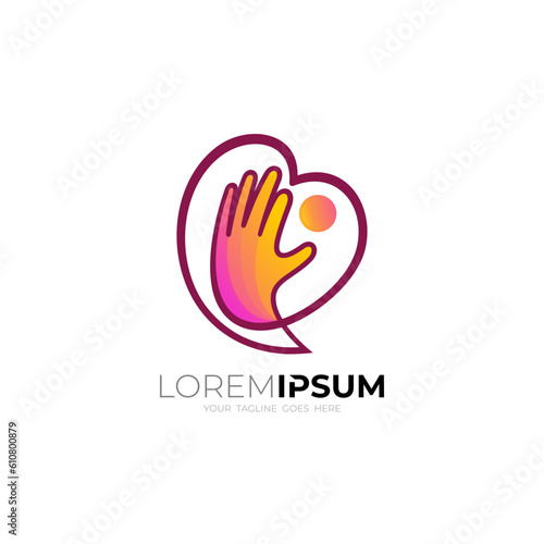 Heart care logo with hand design vector, love care icon social
