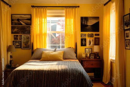 Above the bed on the bedroom's yellow wall are imitation poster frames. Morning light that filters through the curtain. Generative AI © 2rogan