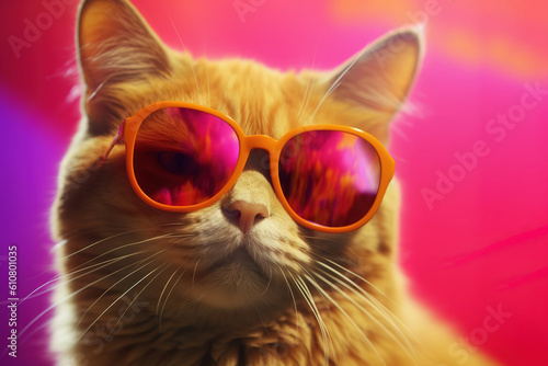 Cat in sunglasses, pink neon background. Pop art style portrait. Generative AI