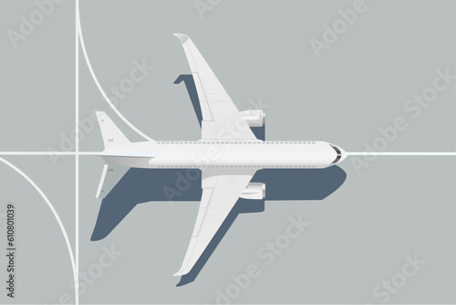 Flying Airplane, Jet Aircraft. Top View. Airplane in runway, airline jet with engines, civil aviation. Plane or airplane, aircraft or passenger airplane, vector. 