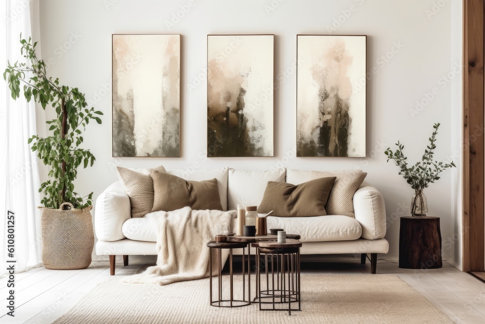 Two faux vertical blank posters are displayed on a white wall within a modern living room. Generative AI Two faux vertical blank posters are displayed on a white wall within a modern living room. Generative AI