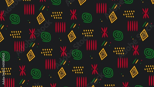 Animated Juneteenth loopable background with African ornaments in red, yellow, green and black. Perfect for videos about African culture, emancipation and the fight against racism. 