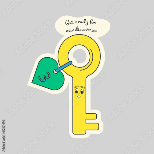 Yellow key sticker with inscription in flat style