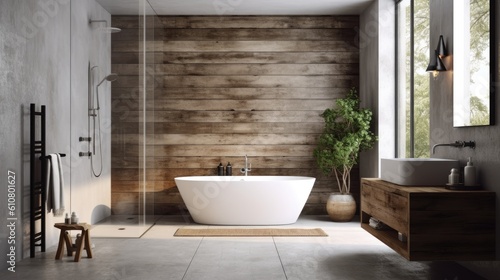 Bathroom interior with concrete floor  wooden walls  loft window  white bathtub with poster  and shower stall. a mockup Generative AI