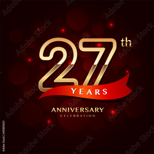 27th year anniversary celebration logo design with a golden number and red ribbon, vector template
