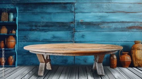 Blue wood background with a wooden table in front of it. Background of a product display Generative AI