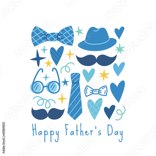 Father's Day greeting card with necktie, mustache, hat, tie, glasses on white background. Father's Day cartoon holiday illustration for banner, template, poster, flyer, social media.