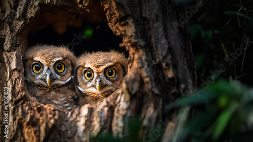 Curious two baby owls inside tree hole nest peeking out of the hole, with copy space, generative ai © Mrt