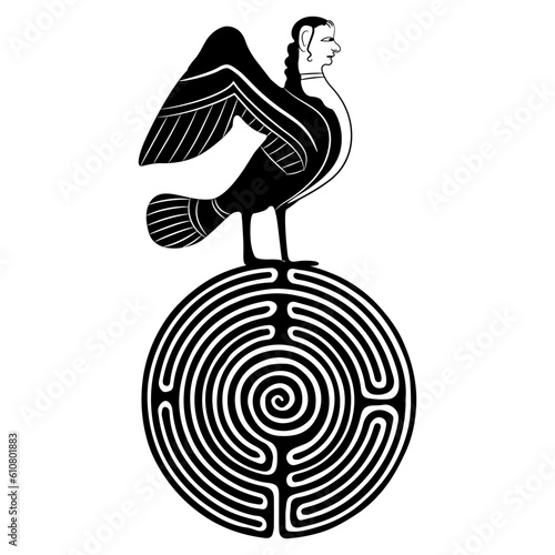 Siren or Harpy standing on a round spiral maze or labyrinth symbol. Ancient Greek bird with woman head. Creative concept. Mystery of antique culture. Black and white silhouette.