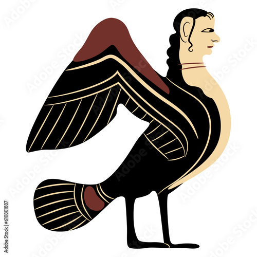 Siren or Harpy. Bird with woman head. Ancient Greek vase painting design. Fantastic mythological animal. Isolated vector illustration.