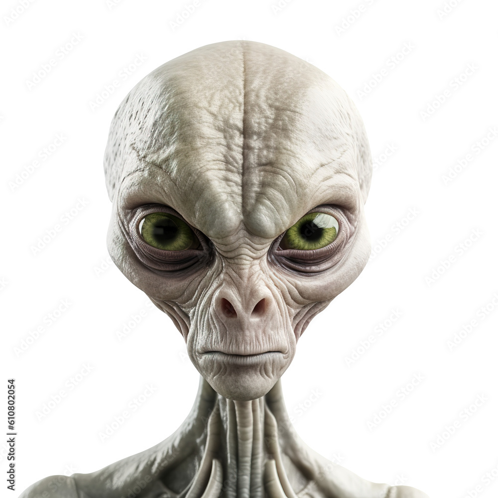 Alien with a large head and large green eyes isolated on transparent background. Alien head, generative ai