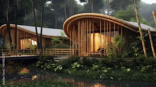 A bamboo home with flower beds is a simple design. Generative AI © 2rogan