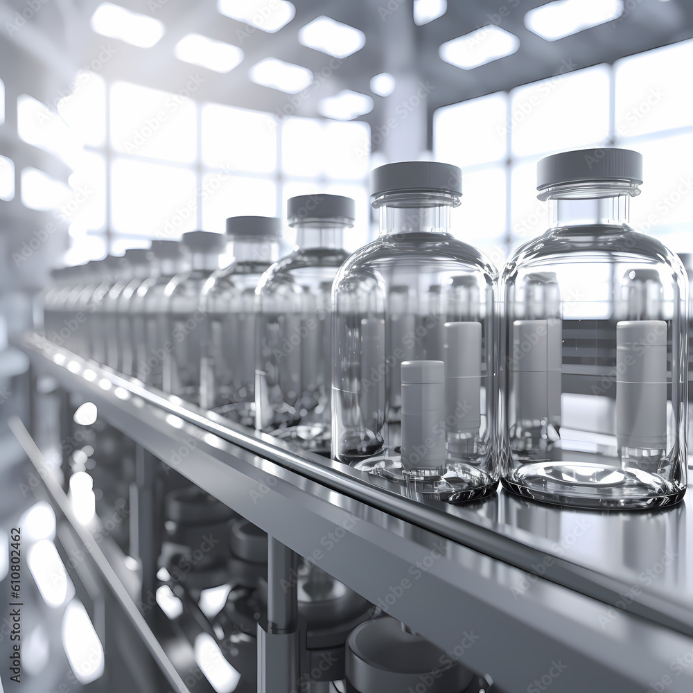 3D Render. COVID-19 mRNA vaccine production platform. Pharmaceutical manufacture process with glass bottles with clear liquid on automatic conveyor line. Generative AI 3D Render. COVID-19 mRNA vaccine production platform. Pharmaceutical manufacture process with glass bottles with clear liquid on automatic conveyor line. Generative AI