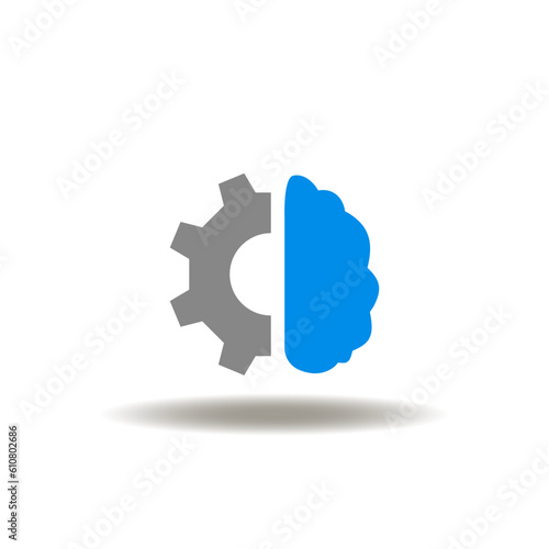 Vector illustration of gear and brain. Icon of brainstorm. Symbol of creativity, idea, intelligence. Sign of thinking, mind, thought.