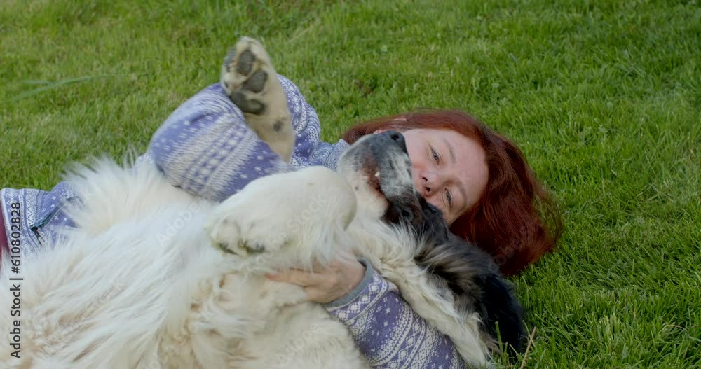 Preservation of mental health in communication with an animal. She touches the wool with his hands, rejoices at the meeting animal woman hugs a dog lying on the grass. She kisses pet head. Preservation of mental health in communication with an animal. She touches the wool with his hands, rejoices at the meeting animal woman hugs a dog lying on the grass. She kisses pet head.