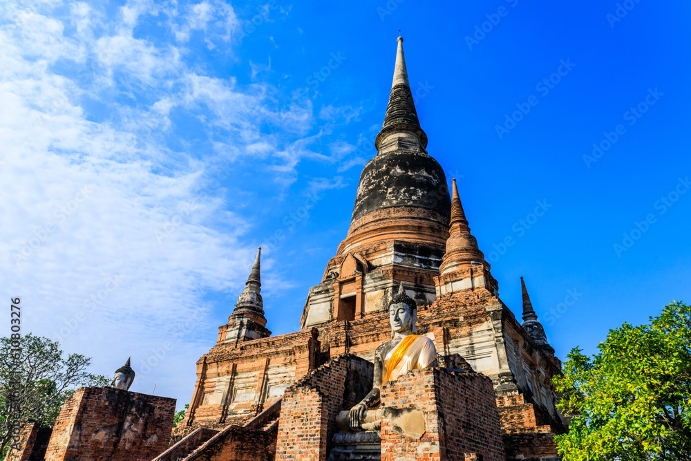 Fototapeta premium The Pagoda and Buddha Status at Wat Yai Chaimongkol, Ayutthaya, Thailand