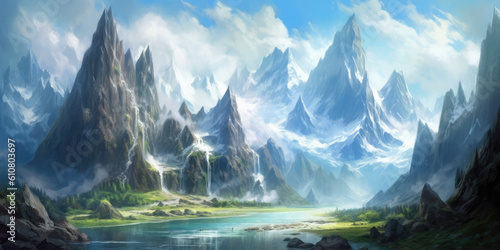 Mountain Majesty landscape with towering peaks Generative AI Digital Illustration Part#060623 