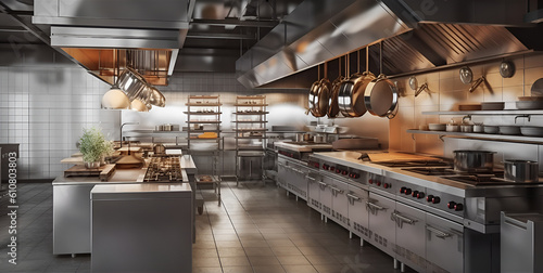 Industrial kitchen. Restaurant kitchen. Modern shiny kitchen with stainless steel utensils and restaurant cooking equipment with prep tables, pans, pots, stoves. © Tanuha