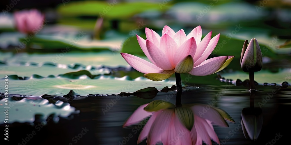 Sacred Lotus Blossom Amidst a tranquil pond  Generative AI Digital Illustration Part#060623 