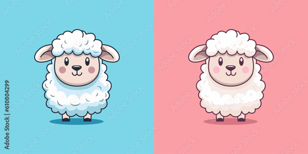 Vector Funny Cute Sheep on Blue and Pink Background. Cartoon Sheep Print, Design for Kids, Girls, Boys. Standing Vector Little Baby Sheep in Kawaii Style Vector Funny Cute Sheep on Blue and Pink Background. Cartoon Sheep Print, Design for Kids, Girls, Boys. Standing Vector Little Baby Sheep in Kawaii Style