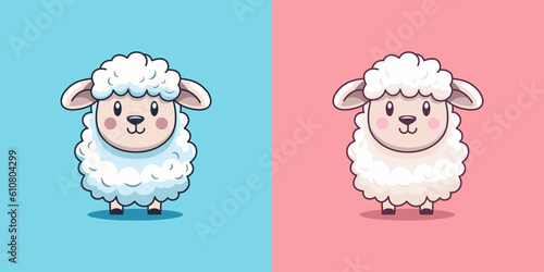 Vector Funny Cute Sheep on Blue and Pink Background. Cartoon Sheep Print, Design for Kids, Girls, Boys. Standing Vector Little Baby Sheep in Kawaii Style